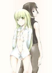 1boy 1girls c.c. code_geass dress_shirt lelouch_lamperouge naked_shirt open_clothes open_shirt shirt tagme yukari_(konekonekozou)