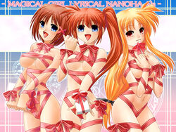 3girls ayako breasts fate_testarossa female gift hayate_yagami human labia mahou_shoujo_lyrical_nanoha mahou_shoujo_lyrical_nanoha_strikers multiple_girls naked_ribbon nude ribbon ribbons takamachi_nanoha