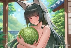 :t ai_generated animal_ear_fluff animal_ears architecture black_hair blunt_bangs blurry blurry_background blush braid breasts closed_mouth collarbone completely_nude day east_asian_architecture female food fox_ears fox_girl fruit hikari406 holding holding_food holding_fruit hoshimi_miyabi long_hair looking_at_viewer melon nude outdoors pout red_eyes solo tree uncensored upper_body watermelon zenless_zone_zero