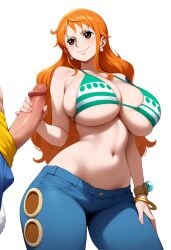 1boy 1girls ai_generated bikini bikini_top_only blue_pants bracelet breasts brown_eyes cleavage closed_mouth denim earrings erection female green_bikini handjob huge_breasts jeans jewelry long_hair monkey_d_luffy nami_(one_piece) navel one_piece orange_eyes orange_hair pants penis penis_grab post-timeskip smile solo_focus straight swimsuit tattoo, trewg001 underboob veins veiny_penis
