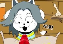 :3 animated cardboard_box clothing davidsanchan dialogue disembodied_penis drooling english_text female fur grey_hair hair male male_pov open_mouth penis penis_awe pov saliva shirt solo_focus tea_cup temmie text undertale unseen_male_face vein video_games white_fur wide_eyed