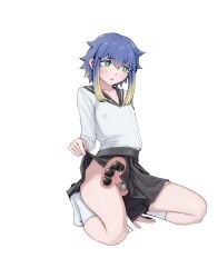 1boy absurdres anal anal_beads anal_object_insertion androgynous black_sailor_collar black_skirt blonde_hair blue_hair bright_pupils chastity_belt clothes_lift commentary_request cookie_(touhou) covered_nipples crossdressing full_body green_eyes highres large_variant_set long_sleeves looking_at_another male male_focus multicolored_hair nari-14 no_panties object_insertion open_mouth penis sailor_collar school_uniform serafuku sex_toy shiriri_(cookie) shirt short_hair sidelocks simple_background skirt skirt_lift socks solo squatting testicles two-tone_hair uncensored variant_set white_background white_pupils white_shirt white_socks x-ray