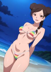 1girls ai_generated arms_behind_back bare_arms bare_shoulders bare_thighs beach bikini bikini_bottom bikini_top blush braided_hair braided_ponytail breasts bridge brown_eyes brown_hair chscreenshots cleavage female female_focus female_only front_view g-string hair_buns hair_ribbon hi_res high_resolution highres in_water inner_sideboob large_breasts light-skinned_female light_skin lips lipstick looking_at_viewer looking_back makeup medium_breasts naruto naruto:_the_last naruto_(series) naruto_shippuden nature nature_background night outdoors outside pale-skinned_female pale_skin partially_submerged perky_breasts pinup ponytail rainbow_bikini rainbow_print seaside shounen_jump shueisha sideboob skimpy skimpy_bikini smile smiling smiling_at_viewer solo solo_female solo_focus striped_bikini swept_bangs swimsuit teen teenage_girl teenager tenten thong tied_hair toned toned_female underboob very_high_resolution weekly_shonen_jump