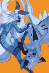 2:3 absurd_res anthro ass avian beak big_breasts bird blue_body blue_eyes blue_fur blue_nipples breasts dervid_(taktian) digital_media_(artwork) digitigrade duo feathered_wings feathers female fur gryphon hi_res hiromoru hybrid lagomorph leporid long_hair looking_at_viewer mammal markings mythological_avian mythological_creature mythology nipples nude rabbit scut_tail short_tail simple_background small_breasts striped_markings stripes tail terena_(axel0527) white_hair wings