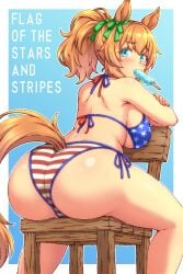 ass ass_focus big_boobs big_breasts bikini blonde_hair blue_eyes breasts english_text horse_ears horse_girl horse_tail ice_cream simple_background squatting sucking taiki_shuttle_(umamusume) umamusume usa_bikini