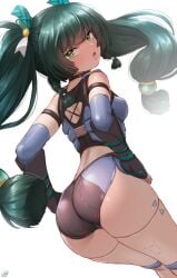 android angry ass bent_over black_gloves black_shirt black_shorts blush born-to-die braid breasts bulletproof_vest choker female fingerless_gloves from_behind gloves green_background green_eyes green_hair hair_ornament hair_ribbon hands_on_own_hips highres long_hair looking_at_viewer looking_back open_mouth police police_uniform policewoman qingyi_(zenless_zone_zero) ribbon robot shirt short_shorts shorts sleeveless sleeveless_shirt small_breasts standing teeth twin_braids twintails white_background zenless_zone_zero