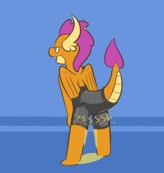 ambiguous_gender bodily_fluids bottomwear clothing dragon friendship_is_magic genital_fluids hasbro hi_res latex latex_bottomwear latex_clothing latex_pants looking_pleasured my_little_pony mythological_creature mythological_scalie mythology onomatopoeia pants peeing psssh ritzcat scalie smolder_(mlp) solo sound_effects text urine wetting