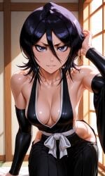 1girls ai_generated arms_behind_head ass biting_lip bleach breasts female female_only hair_between_eyes kuchiki_rukia leaning_forward light-skinned_female looking_at_viewer pixai sideboob solo soul_reaper sunset sweating voluptuous