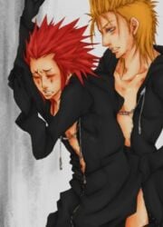 2boys black_coat_(kingdom_hearts) blonde_hair blue_eyes blurry blurry_foreground chains chromatic_aberration clenched_teeth depth_of_field female jacket long_sleeves male motion_blur multiple_boys open_clothes photo_(medium) red_hair spiked_hair sweat teeth unzipped zipper