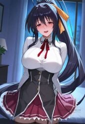 1girls :d ai_generated akeno_himejima arms_behind_back big_breasts black_hair black_thighhighs blush breasts collared_shirt cowboy_shot curtains female female_only garter_straps hair_between_eyes hair_ribbon high_ponytail high_school_dxd himejima_akeno indoors large_breasts light-skinned_female long_hair long_sleeves looking_at_viewer neck_ribbon night open_mouth pleated_skirt ponytail purple_eyes red_skirt ribbon school_uniform shadowrealmarts shirt skirt smile solo thighhighs uncensored very_long_hair white_shirt window yellow_ribbon zettai_ryouiki