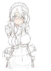 apron arms_behind_back breasts female glasses hair_ornament hairclip highres impossible_clothes large_breasts long_hair looking_to_the_side maid_headdress mole mole_under_mouth navel original sakuya_tsuitachi simple_background sketch solo white_background