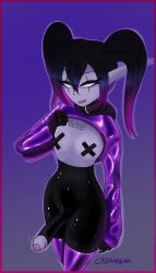 blizzard_entertainment clothing collar creambeam elf erection glowing glowing_eyes gradient_hair gynomorph hair hi_res hoodie humanoid intersex latex latex_clothing makeup markings night_elf nipple_tape pasties showing_chest tape tongue tongue_out topwear warcraft