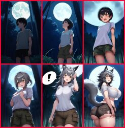 1boy 1girls ai_generated anime ass ass_expansion big_ass big_breasts black_hair blush breast_expansion breasts brown_eyes cleavage deviantart ear_growth eye_color_change female forest furry gender_transformation grey_hair hair_color_change hair_growth huge_ass huge_breasts long_hair looking_at_viewer looking_back male male_to_female moon mtf_transformation night night_sky open_mouth outdoors outside shiftybytes shirt shorts silver_hair species_transformation tail_growth thick_thighs thigh_expansion torn_clothes torn_shirt torn_shorts transformation transformation_sequence werecanid werecanine werewolf werewolf_girl wide_hips wolf wolf_girl yellow_eyes