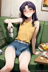 1boy ai_generated alcohol bangs beer beer_can blue_shorts blush brown_eyes bulge can chips_(food) couch denim_shorts drunk femboy food genderswap_(ftm) holding holding_can indoors katsuragi_misato long_hair looking_at_viewer male misato_katsuragi neon_genesis_evangelion neopn_genesis_evangelion pillow purple_hair rule_63 shorts sitting sleeveless solo table tagme tank_top tehmar trans_woman transfem trap