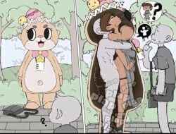 1girls 2boys 2koma animal_costume baecohn breasts cheating cuckold dress dress_lift faceless_male female large_breasts male mascot multiple_boys netorare sex sex_from_behind shared_clothes short_hair standing standing_sex stealth_sex