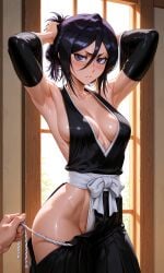 ai_generated armpits arms_behind_head ass breasts flustered hair_between_eyes kuchiki_rukia pixai pubic_hair sexy sideboob soul_reaper soul_society sunset sweating voluptuous