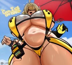 1girls a_jnsfw beach beach_umbrella big_breasts bikini blonde_hair breasts busty chubby chubby_female dialogue elegg_(boom_and_shock)_(nikke) elegg_(nikke) female female_only gloves goddess_of_victory:_nikke hair_over_one_eye huge_breasts large_breasts looking_at_viewer looking_down low-angle_view massive_breasts navel outdoors png purple_eyes solo swimsuit talking_to_viewer text thick_thighs thunder_thighs umbrella wide_hips
