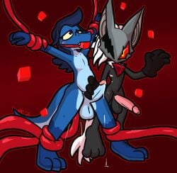 3_toes 4_fingers anthro anthro_on_anthro balls black_balls black_body black_fur blue_balls blue_body blue_hair blue_penis blue_scales blush bodily_fluids canid canine canis dominant dominant_anthro dominant_male erection feet fingers fur gag gagged genital_fluids genitals glans gloves_(marking) hair half-closed_eyes handjob hi_res humanoid_genitalia humanoid_penis infinite_(sonic) interspecies jackal leg_markings lizard long_hair looking_up male male/male mammal markings narrowed_eyes penile penis pink_glans pink_penis precum pupils purple_eyes raised_hand red_background red_sclera reptile restrained restrained_by_tentacles scales scalie sega sex simple_background socks_(marking) sonic_forces sonic_the_hedgehog_(series) spread_eagle submissive submissive_anthro submissive_male tentacle toes ulti_(ultilix) ultilix white_body white_fur white_hair yellow_eyes yellow_sclera