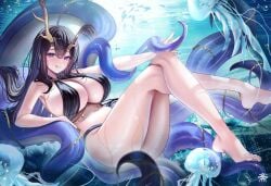 antlers azur_lane bare_legs bare_shoulders barefoot bikini black_bikini black_hair blue_eyes blush breasts cg cleavage closed_mouth crossed_legs feet female full_body golden_hind_(azur_lane) horns jellyfish large_breasts legs long_hair looking_at_viewer mole purple_eyes smile solo swimsuit tentacle thighs toes tongue tongue_out underwater