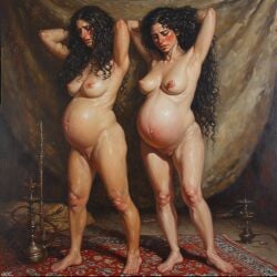 2girls artist_request brown_hair curly_hair middle_eastern painting pregnant slave