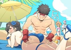 1boy 2d 2d_(artwork) 3girls absurd_res background_character beach beach_towel beach_umbrella big_breasts blonde_hair blue_sky blush breasts cammy_white capcom chun-li clear_sky concerned couple couple_(romantic) day daytime embarrassed embarrassed_male female focus_on_ass focused grabbing_ass group hands_on_ass hands_on_thighs headband hi_res laying_down laying_on_stomach looking_away lovers lucky_bastard male manon_legrand muscular_male nisego ocean one_leg_up outdoors partially_clothed pink_hair ryu_(street_fighter) seductive seductive_smile shore short_hair street_fighter street_fighter_6 summer sun_hat sunny sunscreen swimsuit teasing thick_ass thick_legs tied_hair video_game_character video_games voluptuous voluptuous_female