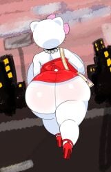 anthro ass big_breasts big_butt bow_(feature) breasts city city_background clothing domestic_cat dress felid feline felis female footwear gem hello_kitty_(character) hello_kitty_(series) hi_res high_heels huge_breasts huge_butt jewelry mammal necklace pearl_(gem) pearl_necklace purse rear_view red_clothing red_dress sanrio savagensfw shoes solo thick_thighs whiskers white_body