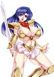 alternate_breast_size armor asou_yuuko bangs bikini_armor blue_eyes blue_hair breasts brooch cleavage clothing female huge_breasts knee_boots long_hair looking_at_viewer microskirt midriff mugen_senshi_valis neckerchief panties simple_background skirt smash_daisaku solo sword telenet_japan valis valis_sword weapon white_background