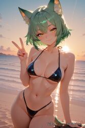 2025 ai_generated animal_ear_fluff animal_ears animal_tail anime backlighting bangs bare_arms bare_shoulders beach bikini black_bikini blush breasts breasts cat_ears cleavage closed_mouth cloud collarbone cowboy_shot crossover dutch_angle eye_contact female female female_focus flushed girl_dm green_hair hair_between_eyes halterneck hand_up highleg highleg_bikini highres horizon huge_breasts large_breasts looking_at_viewer medium_breasts midriff navel neutral_expression nsfw ocean outdoors patreon rognezart short_hair skindentation sky smile smiling solo stomach string_bikini sunset swimsuit tail thick_thighs thighs v water wet yellow_eyes