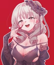 :d azur_lane bare_shoulders black_choker black_dress blood blood_on_face blood_on_hands blush breasts cg choker cleavage detached_sleeves dress drill_hair female fingernails grey_hair hand_up hat heart heart-shaped_pupils lützow_(azur_lane) lace_trim large_breasts long_fingernails long_hair long_sleeves looking_at_viewer lutzow_(azur_lane) medium_hair open_mouth red_background sharp_fingernails simple_background smile solo symbol-shaped_pupils teeth tilted_headwear upper_body upper_teeth_only yandere