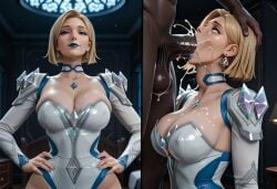 ahe_gao ai_generated big_breasts big_penis blonde_hair blue_eyes breasts choker choker_snapping cum cum_in_mouth dark-skinned_male emma_frost eyes_rolling_back hand_on_head instant_loss_2koma interracial male marvel marvel_rivals penis throat_bulge