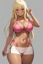 1girl ai-created ai_generated bangs bare_arms bare_shoulders bikini bikini_bottom bikini_under_shorts blonde_hair blunt_bangs blush breasts cameltoe clavicle cleavage closed_mouth clothing curvaceous dark-skinned_female dark_skin eyebrows female female_only gokukoku_no_brynhildr groin halterneck hand_on_hip hand_up high_resolution highleg highleg_bikini highleg_swimsuit large_breasts long_hair looking_at_viewer midriff navel pink_bikini pink_swimsuit portrait red_eyes rena_aikawa_(pixiv_user) shiny shiny_skin short_shorts shorts side-tie_bikini side-tie_bikini_bottom side-tie_clothing side-tie_swimsuit sidelocks skindentation smile solo standing stomach string_bikini striptease swimsuit tachibana_mina_(gokukoku_no_brynhildr) thick_thighs thigh_gap thighs underwear white_shorts