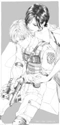 1boy 1girl ada_wong blushing female femdom leon_scott_kennedy male police police_uniform sexually_suggestive straight watching