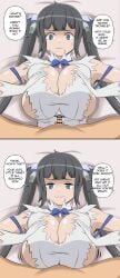 1boy 1girls bar_censor black_hair blue_eyes breasts censored_penis cleavage clothed_female_nude_male danmachi dialogue embarrassed encouragement hestia_(danmachi) large_breasts male_pov micropenis nervous paizuri penis pov small_penis small_penis_adoration text twintails zephernsfw