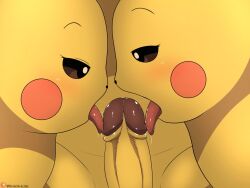 1boy 2girls absurd_res bodily_fluids bodily_fluids_in_mouth eyes_wide_open faceless_male generation_1_pokemon hi_res licking_penis nintendo oral_sex penis pikachu pokemon pokemon_(species) red_cheeks tongue_out winick-lim yellow_body yellow_fur yellow_penis