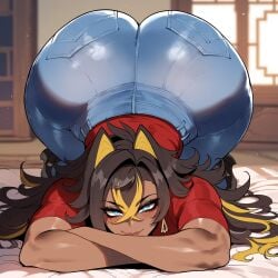 1girls ai_generated ass ass_up big_ass big_breasts big_butt blue_eyes crossed_arms curvy curvy_female curvy_figure dark-skinned_female dehya_(genshin_impact) dijiai genshin_impact huge_ass huge_breasts nsfw smiling thick thick_ass thick_butt top-down_bottom-up