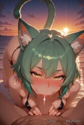 1boy 2025 ai_generated all_fours animal_ear_fluff animal_ears animal_tail anime bangs bare_shoulders beach bikini black_bikini blush breasts breasts cat_ears cat_girl cat_tail cleavage cloud crossover dark_skin erection explicit eye_contact fellatio female female female_focus flushed girl_dm green_hair hair_between_eyes highres looking_at_viewer male medium_breasts nsfw ocean oral outdoors patreon penis pov rognezart saliva short_hair side-tie_bikini_bottom sky solo solo_focus straight straight sunset sweat sweaty swimsuit tail tan uncensored water wet yellow_eyes