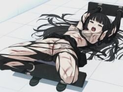 bathroom black_eyes black_hair blood bondage bound breasts bruise chain-link_fence cuts euphoria female floor injury long_hair nipples open_mouth panties restroom school_uniform shoes silk small_breasts solo spider_web tears tile_floor tile_wall tiles toilet torn_clothes torn_legwear torn_panties torn_shirt torn_skirt underwear whip_marks