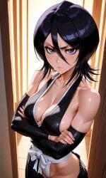 1girls ai_generated arms_behind_head ass bleach breasts confident crossed_arms female female_only hair_between_eyes kuchiki_rukia light-skinned_female looking_at_viewer pixai serious sideboob smirk solo soul_reaper sunset sweating voluptuous