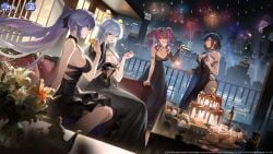 4girls azur_lane baltimore_(azur_lane) bare_shoulders black_choker black_dress black_hair blue_hair blush bottle breasts bremerton_(azur_lane) brown_hair building cake cg champagne_flute choker cityscape cleavage copyright_name couch criss-cross_halter cup dress dutch_angle enterprise_(azur_lane) essex_(azur_lane) evening_gown female fireworks flower food fork fruit gloves grey_hair hair_between_eyes halter_dress halterneck holding holding_cup holding_fork indoors jewelry large_breasts long_dress long_hair multicolored_hair multiple_girls night night_sky official_alternate_costume official_art open_mouth pink_eyes pink_hair ponytail purple_eyes purple_hair red_eyes short_hair sideboob sidelocks sitting sky skyscraper sleeveless sleeveless_dress smile standing streaked_hair table twintails two-tone_hair