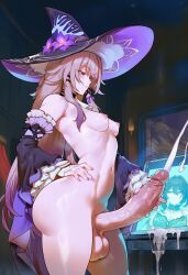 1futa 2girls ai_generated ass balls brown_hair bubble_ass bubble_butt computer computer_screen cum cumshot curvy curvy_figure ejaculation excessive_cum futanari genlation gradient_hair hand_on_hip hat herta_(honkai:_star_rail) honkai:_star_rail hoyoverse huge_cock indoors intersex jerking jerking_off jerkingoff large_balls large_penis large_testicles long_hair masturbation partially_clothed ruan_mei_(honkai:_star_rail) semen small_breasts smirk smug solo standing stroking_penis tagme testicles the_herta_(honkai:_star_rail) thick_thighs witch_hat