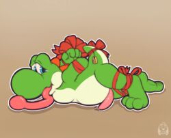 1boy 2016 anthro blue_eyes bound bow erection flat_colors gift_wrapped grey_background hands_behind_back long_tongue looking_back lying male male_only mario_(series) nintendo on_front penis precum puggy ribbons scalie side_view simple_background solo tongue tongue_out video_games yoshi