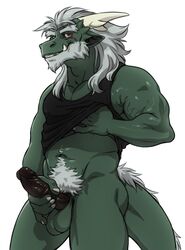 1boy balls beard clothed clothing dragon erection facial_hair hairy horn looking_at_viewer male male_only muscular penis pubes rossciaco scalie solo