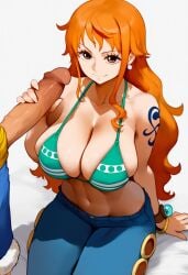 1boy 1girls ai_generated bikini bikini_top_only blue_pants bracelet breasts brown_eyes cleavage closed_mouth collarbone denim earrings erection female green_bikini handjob jeans jewelry large_breasts long_hair looking_at_viewer monkey_d_luffy nami_(one_piece) navel one_piece orange_eyes orange_hair pants penis penis_grab post-timeskip sitting smile solo_focus straight swimsuit tattoo trewg001 veins veiny_penis