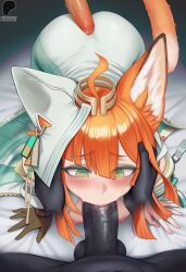 1boy 1boy1girl 1girls ai_generated all_fours arknights bent_over big_penis blowjob blowjob_face breasts breasts_out cat_ears cat_girl cat_tail catgirl dark-skinned_male dress earings eyebrows eyebrows_raised eyebrows_visible_through_hair eyes_half_open face_fucking female gloves green_eyes hair_ornament highres holding_head hood interracial light-skinned_female light_skin lips long_tail looking_at_penis male male/female medium_hair nipples on_bed one_glove oral oral_penetration oral_sex orange_hair orange_hair_female papyrus_(arknights) penis perky_nipples petite primosensei small_breasts tail tight_clothing tight_dress veiny_penis