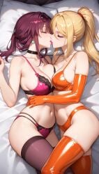 2girls ai_generated bangs bare_shoulders bed bedroom blonde_female blonde_hair blonde_hair_female bra breast_squeeze breasts choker cleavage closed_eyes commentary_request crossover earrings female female_focus female_only gloves hair hands_on_hips honkai:_star_rail honkai_(series) hoyoverse kafka_(honkai:_star_rail) kissing latex latex_gloves latex_legwear laying_on_bed laying_on_side lesbian_kiss lia_the_busty_redhead lingerie lipstick magenta_hair mature mature_female mature_woman metroid midriff mihoyo navel nintendo orange_clothing panties passionate passionate_kiss pillow ponytail samus_aran self_upload stockings sunglasses tagme thighs underwear yuri zero_suit_samus