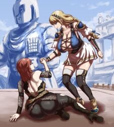 2girls armor ass ass_focus ass_vs_breasts back backless_outfit bandai_namco bangs bare_back bare_shoulders big_ass big_breasts big_butt black_pants blonde_hair blue_eyes bodysuit boots braid braided_ponytail breasts brown_hair bubble_ass bubble_butt busty cleavage cleavage_cutout curvaceous curvy curvy_female curvy_figure fat_ass female female_focus female_only from_behind hair_ornament heels hi_res high_resolution highres hildegard_von_krone huge_ass huge_butt large_ass large_breasts light-skinned_female light_skin long_hair matsumaruyama medium_hair multiple_girls pants red_eyes sideboob sidelocks skirt smile sophitia_alexandra soul_calibur soul_calibur_vi soulcalibur soulcalibur_vi tagme thick_ass thick_thighs thigh_boots thighhighs thighs torn_clothes very_long_hair voluptuous voluptuous_female