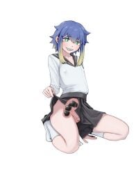 1boy absurdres anal anal_beads anal_object_insertion androgynous bar_censor black_sailor_collar black_skirt blonde_hair blue_hair bright_pupils censored clothes_lift commentary_request cookie_(touhou) covered_nipples crossdressing full_body green_eyes grin highres large_variant_set long_sleeves looking_at_viewer male male_focus multicolored_hair nari-14 no_panties object_insertion penis sailor_collar school_uniform serafuku sex_toy sharp_teeth shiriri_(cookie) shirt short_hair sidelocks simple_background skirt skirt_lift smile socks solo squatting teeth testicles two-tone_hair variant_set white_background white_pupils white_shirt white_socks x-ray