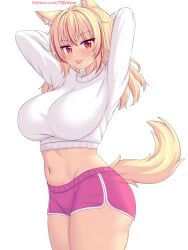 1girls :3 blonde_hair booty_shorts cat_ears cat_tail catgirl crop_top female long_hair looking_at_viewer original patreon patreon_username red_eyes red_highlights tiffy tiffynyaa tongue tongue_out twintails