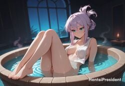 ai_generated bangs barefoot bath bathing bathroom breasts cleft_of_venus female female female_only foot_fetish hair_between_eyes hair_bun hentaipresident indoors knees_up large_breasts legs legs_up medium_breasts night no_panties no_sound nude nude_female purple_hair shiny_skin sidelocks solo uncensored vagina water wet wet_body wet_skin window