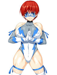 1girls blue_eyes female fighting_stance gloves leotard looking_at_viewer mask pointy_chin red_hair short_hair simple_background smash_daisaku solo tagme white_background